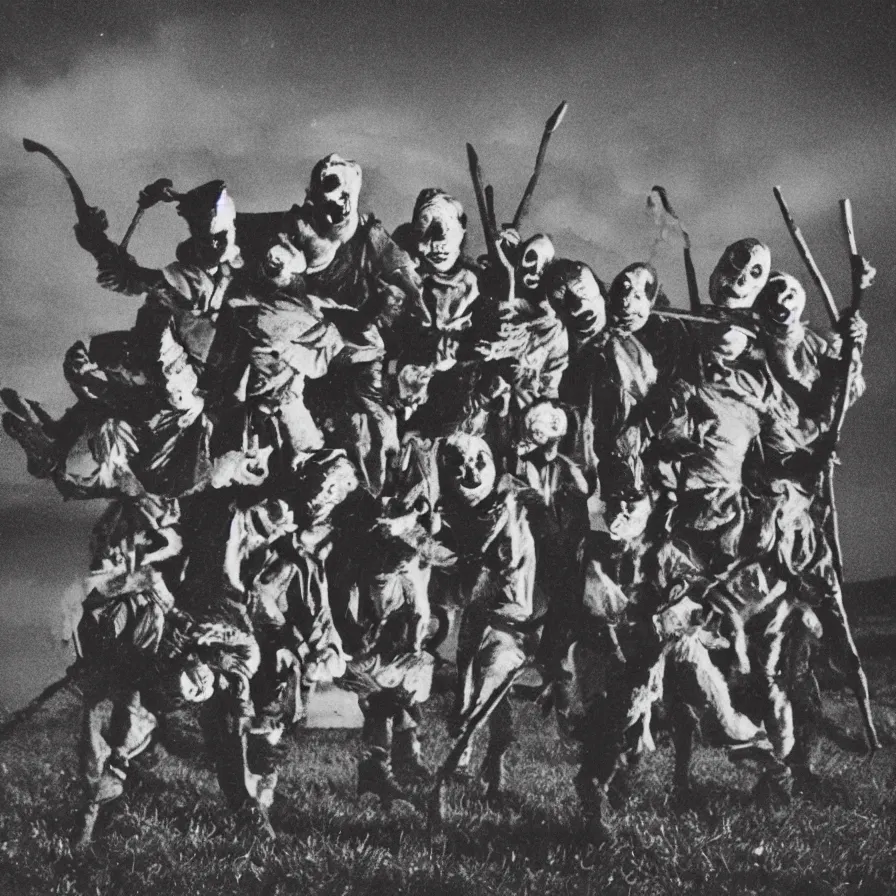 Image similar to distorted 1 3 mm film photograph of a group of clowns in a field holding machetes at night, liminal, dark, thunderstorm, dark, flash on, blurry, grainy, ominous lighting