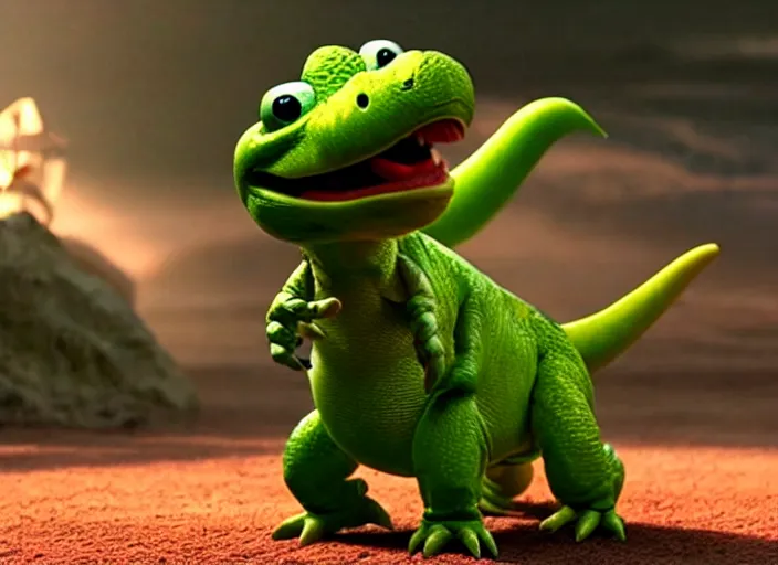 Image similar to film still of yoshi in the new sci - fi movie, cute upright standing upright upright dinosaur standing on its hind legs with a small red turtle shell and sticking out a long sticky tongue, 8 k