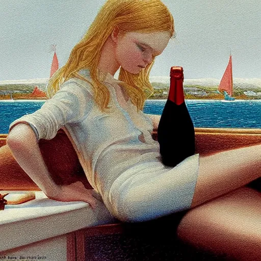 Prompt: Elle Fanning on a yacht next to a bottle of champagne, extremely detailed masterpiece, illustration, by Michael Sowa,