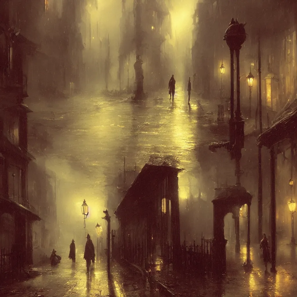 Image similar to Jack the ripper haunts the abandoned raining night alley by Raphael Lacoste and Pierre Auguste Cot and Delphin Enjolras and Daniel F. Gerhartz