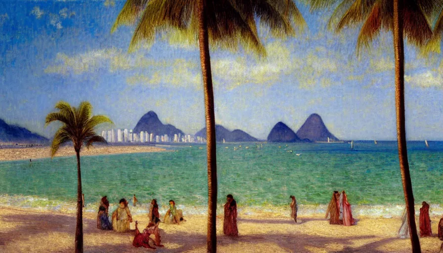 Prompt: a ultradetailed beautiful color theory painting of the thunderstorm sky of the rio de janeiro palace balustrade designed by jules bastien - lepage, tarsila do amaral, frank weston and gustave baumann, beach, trending on artstation, mediterranean, palm trees, sharp focus, colorful refracted sparkles and lines, soft light, 8 k 4 k