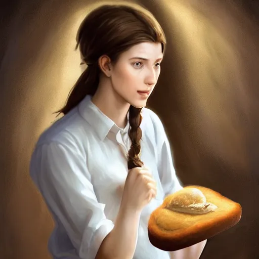 Image similar to epic portrait An waitress enjoying loaf of bread, white uniform, short sleeved, brown long haired, blurry viking village backround, digital painting, artstation, concept art, soft light, hdri, smooth, sharp focus, illustration, fantasy, intricate, elegant, highly detailed, D&D, matte painting, in the style of Greg Rutkowski and Alphonse Mucha and artemisia, 8k, highly detailed, jurgens, rutkowski, bouguereau, pastoral, rustic, georgic