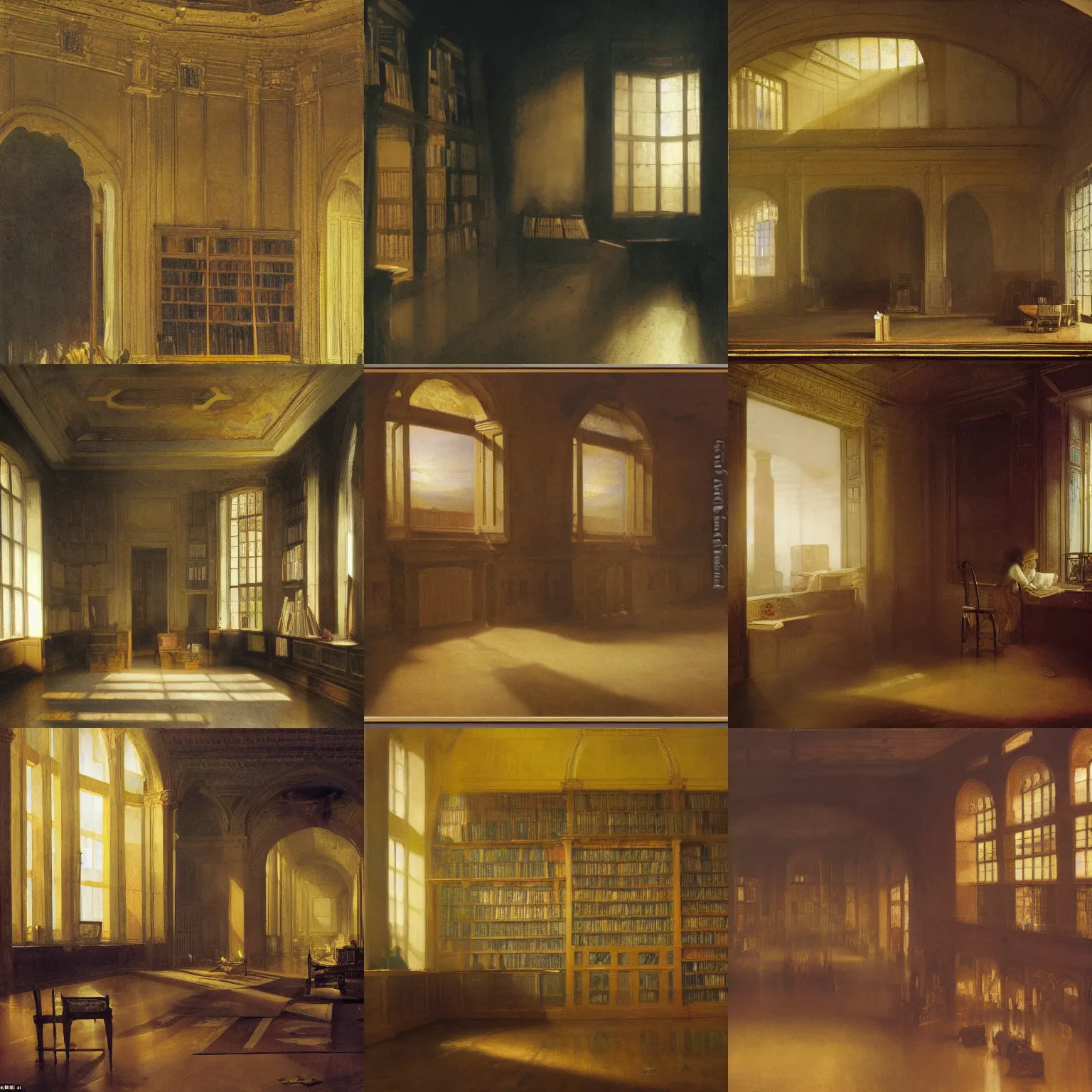 Prompt: painting of an empty dishelved studying room with yellow light from above, books scattered, highly detailed, intricate, dark colors, j. m. w turner, 8 k, intricate, dramatic lighting