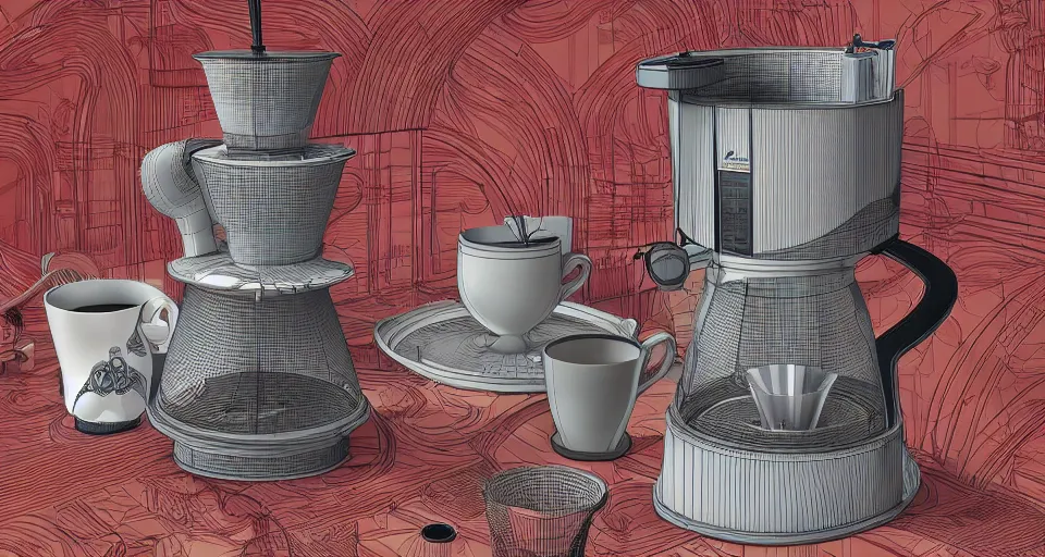 Image similar to a hyper complex drip coffee maker in the 1 9 7 0 s era kitchen, in the style of hownosm and james jean, ultimate collab, epic, digital art, 3 d, h 9 6 0