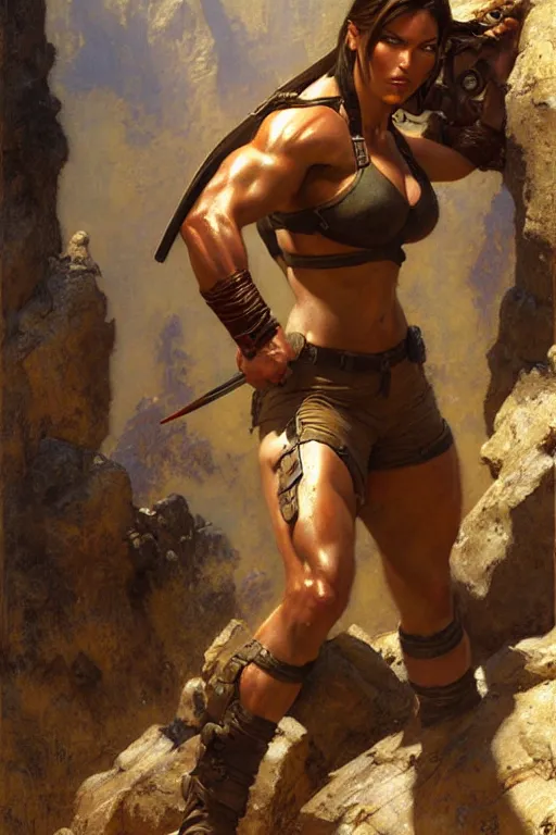 Image similar to muscular lara croft, highly detailed painting by gaston bussiere, craig mullins, j. c. leyendecker 8 k