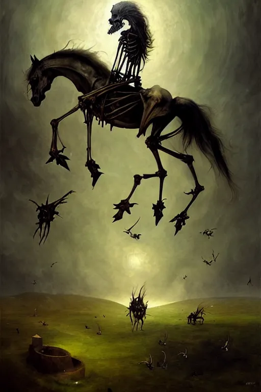 Image similar to hieronymus bosch, greg rutkowski, anna podedworna, painting of a flying evil skeletal horse