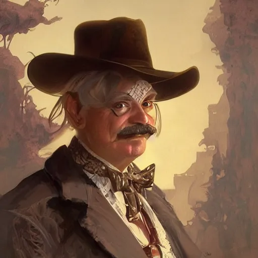 Image similar to charles elmer rip taylor jr, portrait, western, steampunk, flamboyant duster, fantasy, intricate, elegant, highly detailed, digital painting, artstation, concept art, sharp focus, illustration, art by artgerm and greg rutkowski and alphonse mucha