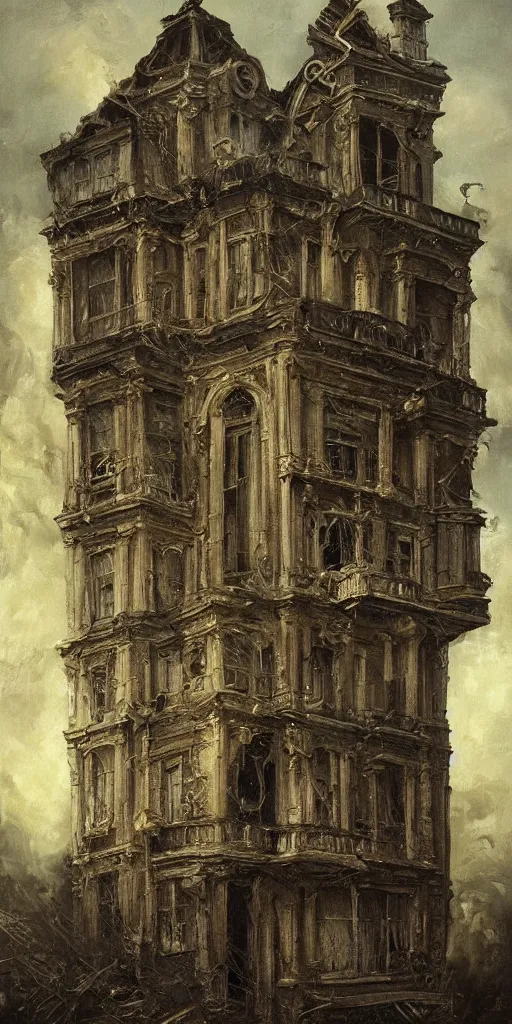 Image similar to detailed baroque oil painting of a singular dilapidated victorian house made of pipe organ parts, style of goya and fritz lang and alan lee, trending on artstation