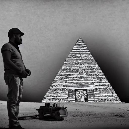 Image similar to a photograph of an egyptian engineer and a construction worker talking infront of a half constructed pyramid, dslr, high resolution