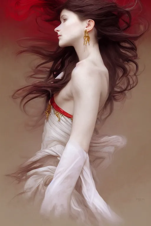 Prompt: portrait of white ghost, dark fantasy, gradient white red grey, dreamy and ethereal, brown eyes, golden ratio, peaceful expression, ornate frilly dress, fantasy, intricate, elegant, clouds and wind, highly detailed, digital painting, artstation, concept art, smooth, b sharp focus, illustration, art by artgerm and greg rutkowski and alphonse mucha