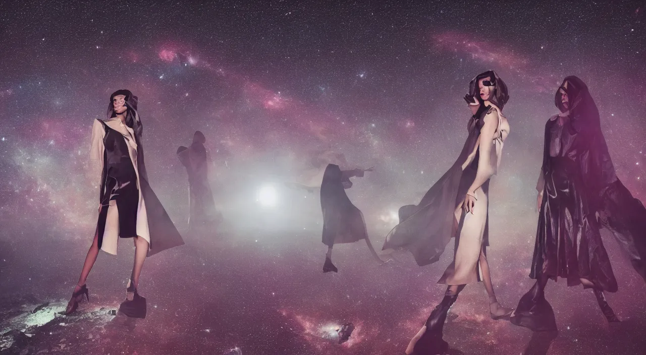 Image similar to fashion editorial in the void deep space. stars and galaxies in the background. wide angle shot. highly detailed. depth of field. high definition. 8k. photography.