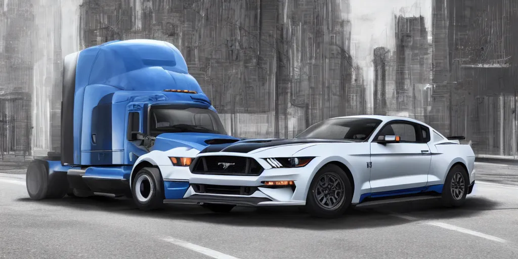 Prompt: a semi-truck with Ford Mustang GT 2021 front design. No background, concept art style.