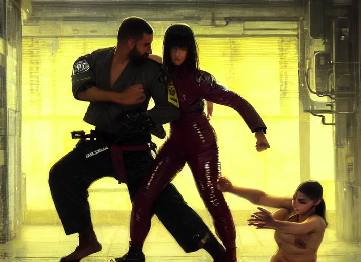 Prompt: jujitsu Nikki defeats sgt Nash. Cyberpunk hacker wearing yellow fighting menacing police troopers (blade runner 2049, cyberpunk 2077). Orientalist portrait by john william waterhouse and James Gurney and Theodore Ralli and Nasreddine Dinet, oil on canvas. Cinematic, hyper realism, realistic proportions, dramatic lighting, high detail 4k