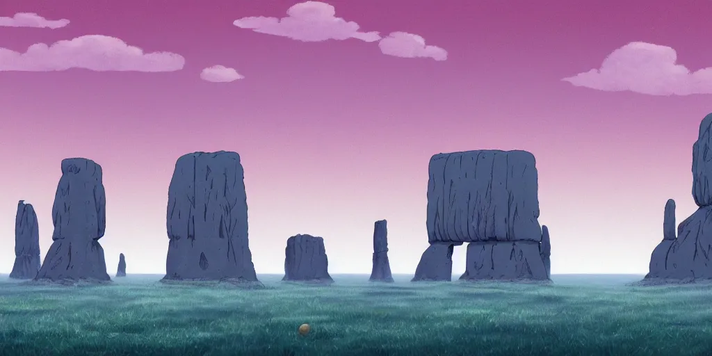 Image similar to a realistic cell - shaded studio ghibli concept art from paprika ( 2 0 0 6 ) of a giant wooly mammoth and a grey warrior in a flooded monument valley stonehenge easter island on a misty starry night. very dull colors, wide shot, hd, 4 k, hq