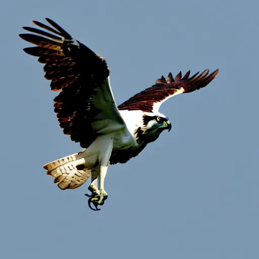 Image similar to a modern, dynamic graphic logo of a fearsome osprey in flight