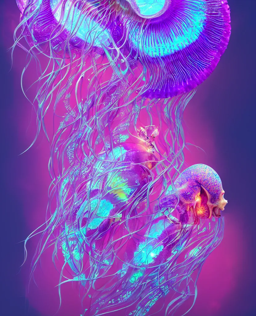 Image similar to goddess close-up portrait. dichroic orchid jellyfish phoenix head, nautilus, skull, betta fish, bioluminiscent creatures, intricate artwork by Tooth Wu and wlop and beeple. octane render, trending on artstation, greg rutkowski very coherent symmetrical artwork. cinematic, hyper realism, high detail, octane render, 8k