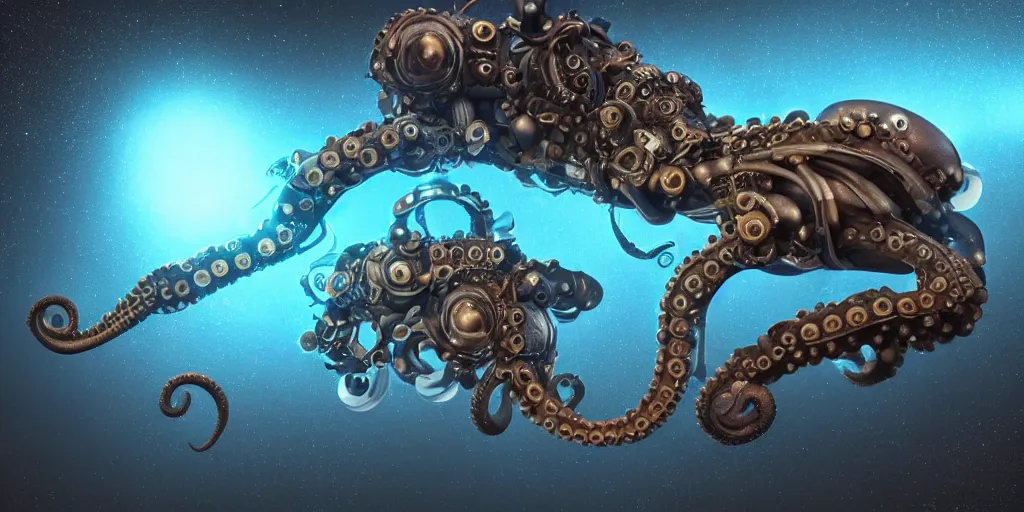 Image similar to low - angle medium shot of an miniature tetrapod octopus steampunk space alien from the future on its first day of driver's ed learning to parallel park. 8 k, 4 k, hq, 3 d render, digital art, dramatic lighting, comedy, science fiction, hyper realistic, ultra detailed. style of fifth element, gravity, silent running.