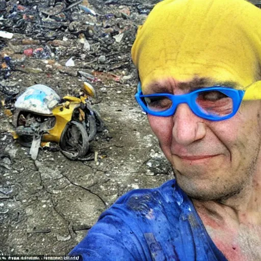 Image similar to last selfie of last alive of frightened funny damaged to bones ukrainian in dirty yellow and blue rags that trying to escape from a huge nuclear explosion at background