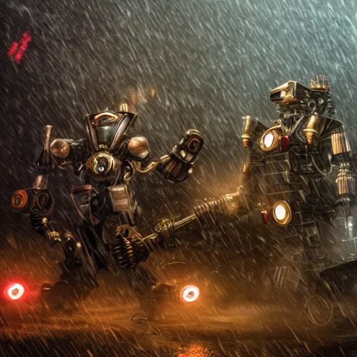 Prompt: steampunk robot warriors battling each other in heavy rain, ground fog, @, moody lighting, 8 k, lightning, shallow depth of field, cinematic lighting,