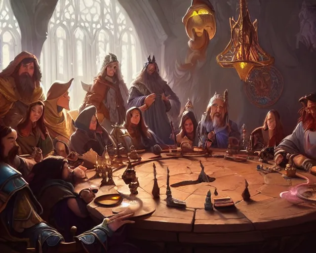 Image similar to a group of wizards gathered around a round table discussing political matters, d & d, fantasy, intricate, elegant, highly detailed, digital painting, artstation, concept art, matte, sharp, illustration, hearthstone, art by artgerm and greg rutkowski and alphonse mucha