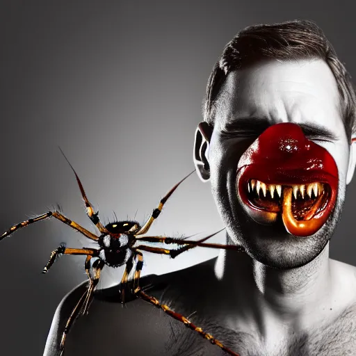 Prompt: photograph of smiling man with spiders inside his mouth, 8k resolution, high detail, ULTRA REALISTIC VFX, reflections