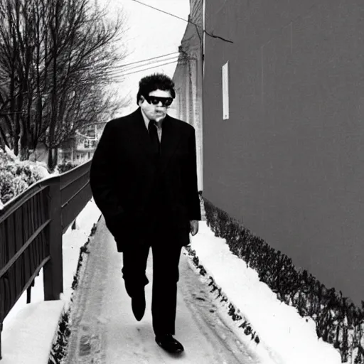 Image similar to Morton Feldman wearing a powersuit while walking through the suburbs in the winter