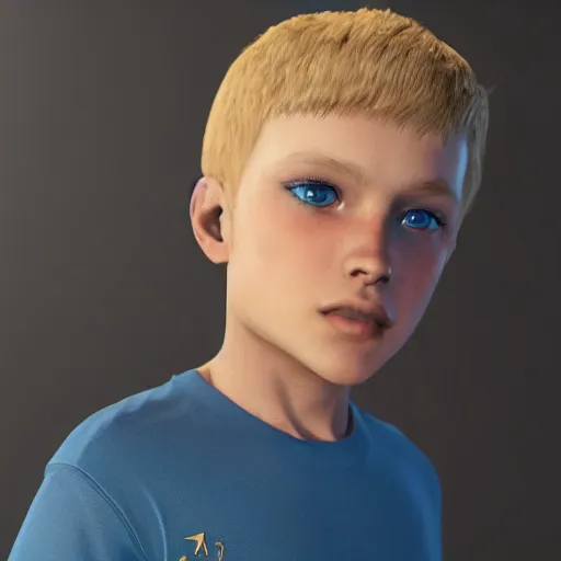 Prompt: a detailed full body image of boy with blonde hair and blue eyes wearing a black tshirt, unreal engine 5 rendered, incredibly highly detailed and realistic, 8 k, sharp focus, studio quality