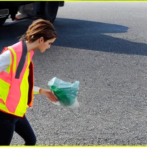 Image similar to emma watson in a hi vis vest picking up trash on the side of the interstate. paparazzi photo,