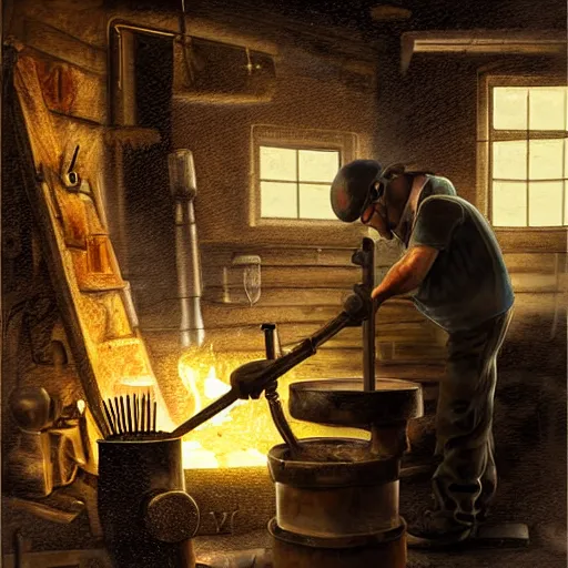 Image similar to A blacksmith working at his anvil in a dark, smoke-filled workshop, digital art, very detailed, no blur, sharp focus, realistic