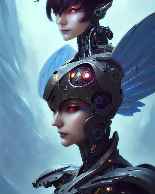 Image similar to portrait of a cyborg woman with metal wings, pixie character, genshin impact, fantasy magic, dark light night, intricate, elegant, sharp focus, illustration, highly detailed, concept art, matte, art by wlop and artgerm and greg rutkowski, anime, trending on artstation