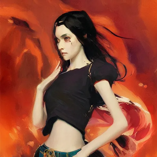 Prompt: mage, vogue, elle, witch, greg rutkowski, john singer sargent, anime, trending on artstation, oil painting, intricate, crop top