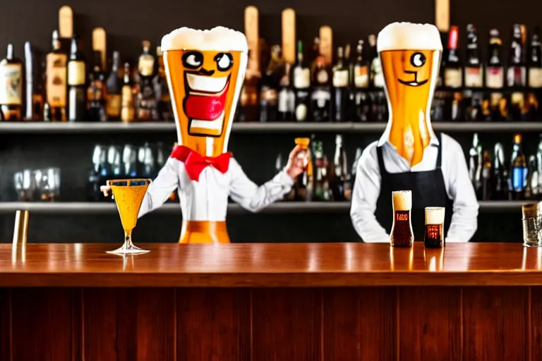 Image similar to a anthropomorphic bottle of beer, customer, stands in front of a bar waiting to be served by the bartender