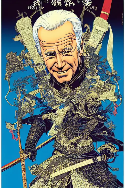 Image similar to poster of joe biden as a samurai, by yoichi hatakenaka, masamune shirow, josan gonzales and dan mumford, ayami kojima, takato yamamoto, barclay shaw, karol bak, yukito kishiro, highly detailed