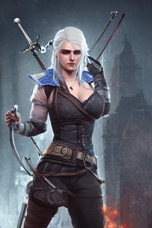 Prompt: a photo of Ciri from the Witcher 3 wearing a cyberpunk outfit shooting a gun, fantasy, intricate, beautiful, highly detailed, digital painting, artstation, concept art, smooth, high resolution, sharp focus, illustration