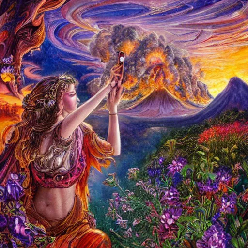 Image similar to painting by senior concept artist josephine wall, horned ram goddess checking her cell phone, erupting volcano in distance, sunset, flowers in foreground, zodiac, fantasy, acrylic on canvas, intricately detailed, highly detailed, high resolution, hdr, 8 k, trending on artstation