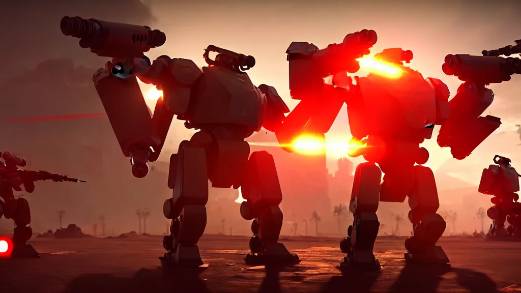 Image similar to futuristic mech soldiers firing away from the camera, eye catching composition, realistic, unreal engine 5, global illumination, detailed environment, bright colours, cinematic, atmosphere, 4 k