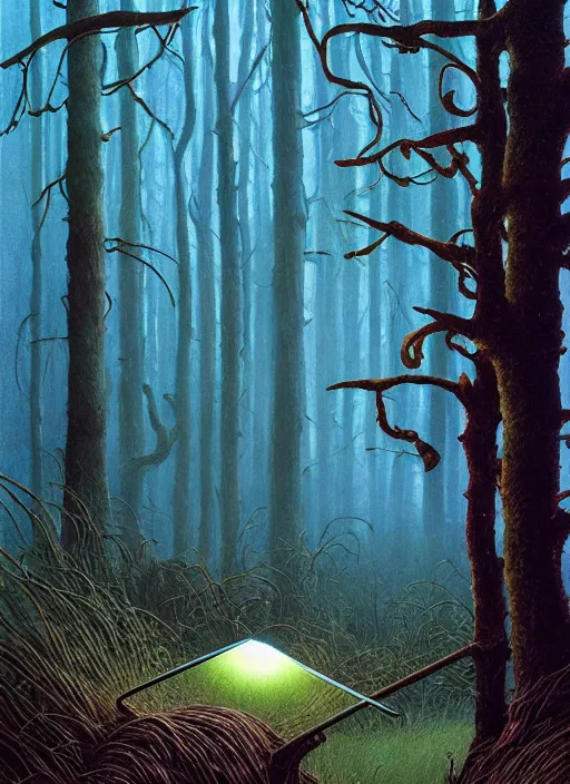 Image similar to hyper realistic witch modem with mood lighting and tech in the woods gorgeous lighting, blue sky, highly detailed, lush forest foliage painting by zdzisław beksinski and norman rockwell and greg rutkowskiweta studio, and lucasfilm