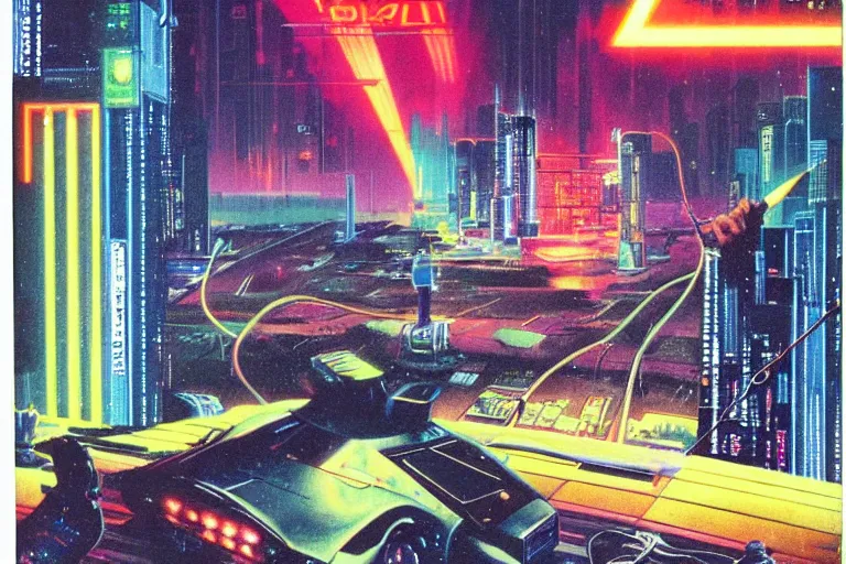 Prompt: 1979 OMNI Magazine Cover of a handheld retro electronic product with lights and cables neo-Tokyo in cyberpunk style by Vincent Di Fate