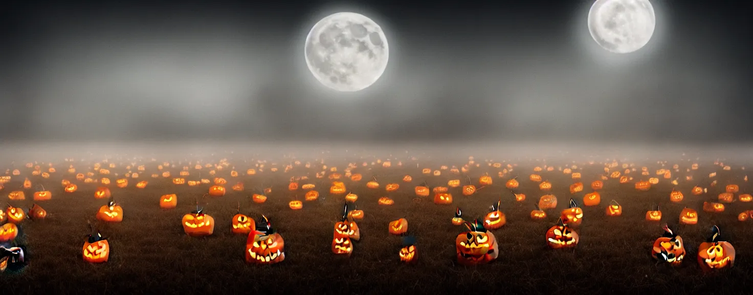 Image similar to A field of scary Halloween pumpkins with eyes looking straight into camera, full moon lighting, foggy November atmosphere, cinematic lighting, super photorealistic image, 4K, super detailed, cinematic look