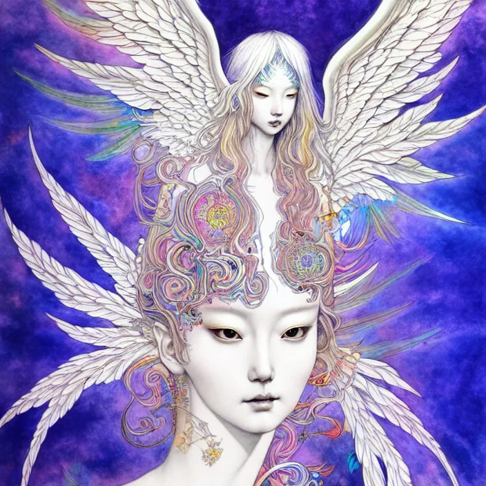 Prompt: stylized art of an psychedelic angelic celestial being by jung gi kim, trending on artstation, winged head, white gold skin, ayahuasca, sacred geometry, esoteric art, watercolor