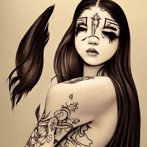 Image similar to tattoo design, stencil, beautiful young female, long dark hair, symmetrical facial features, Japanese, partially clothed in robe, by William-Adolphe Bouguerea and artgerm