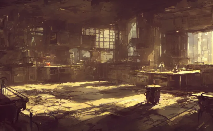 Image similar to a messy chemical lab interior, scifi, post apocalyptic, painting by Craig Mullins, octane rendering, soft morning lighting, wide angle lens, low view, in the style of Hayao Miyazaki, trending on artstation,