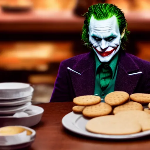 Prompt: cinematic shot of the joker sitting at a table in front of a plate of baking powder biscuits, 8 k, very detailed, very intricate,