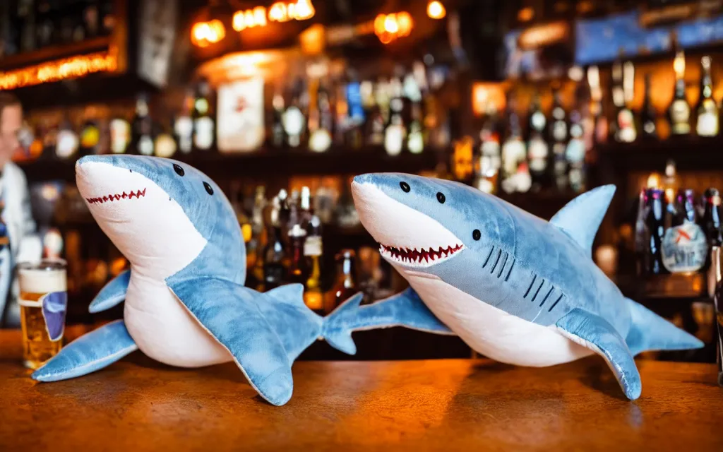 Image similar to Shark plush ordering a beer at a bar, stuffed toy, fish, dim lighting, 50mm, depth of field, beer