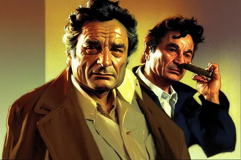 Image similar to homicide detective columbo ( peter falk ) in his messy trenchcoat, smoking a cigar while rubbing his head thinking. 1 9 8 0 s oil painting in the style of edward hopper and ilya repin gaston bussiere, craig mullins, j. c. leyendecker. warm colors. detailed and hyperrealistic. concept art