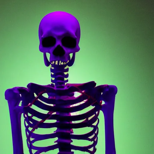 Prompt: a skeleton with a cigarette in mouth, soft purple glow, 8k, film still, alexa 65