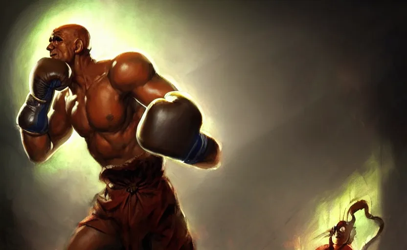 Image similar to magic : the gathering fantasy character concept art of a piece of toast wearing boxing trunks and boxing gloves, by frank frazetta and marco bucci, high resolution, gritty basement club background, dramatic stadium lighting, fantasy coloring, intricate, digital painting, artstation, smooth, sharp focus