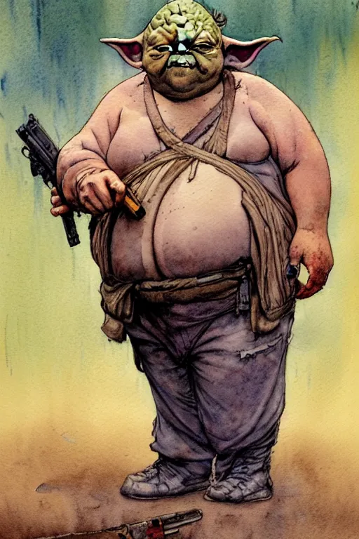 Image similar to a realistic and atmospheric watercolour fantasy character concept art portrait of a fat sleazy homeless chibi yoda wearing a wife beater and holding a handgun, by rebecca guay, michael kaluta, charles vess and jean moebius giraud