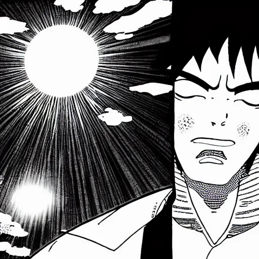 Image similar to Serious Sneeze destroys the sun, manga panel, black and white ink, by Yusuke Murata