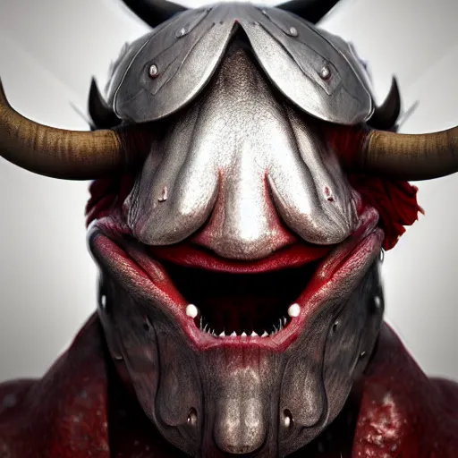 Image similar to hyper realistic knight with bull horns coming out of eye sockets, red, artstation, 8 k render, octane, fueled by caffeine : : tim burton